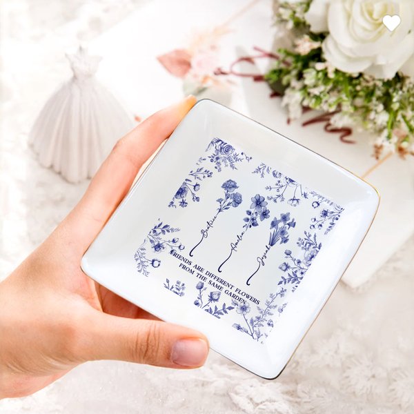 Personalized Toile De Jouy Design Birth Flower Friendship Jewelry Dish with Name  Thanksgiving Day Birthday Gift for Women