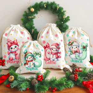 Personalized Cute Cartoon Santa Hat Snowman Initial Drawstring Gift Bag with Name Christmas Gift for Family Friends