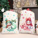 Personalized Cute Cartoon Santa Hat Snowman Initial Canvas Drawstring Gift Bag with Name Christmas Gift for Friends Family