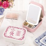 Personalized Toile De Jouy Birth Flower Bible Chapter Name PU Leather Jewelry Box with LED Makeup Mirror Birthday Christmas Gift for Women Christians