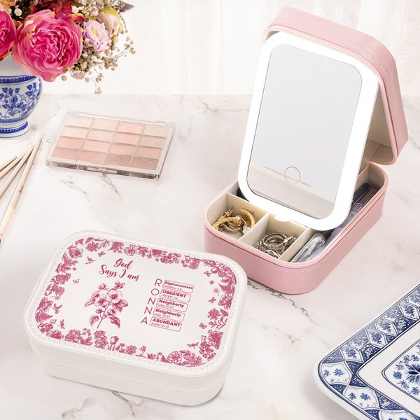 Personalized Toile De Jouy Birth Flower Bible Chapter Name PU Leather Jewelry Box with LED Makeup Mirror Birthday Christmas Gift for Women Christians
