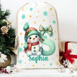Personalized Cute Cartoon Santa Hat Snowman Initial Canvas Drawstring Gift Bag with Name Christmas Gift for Friends Family