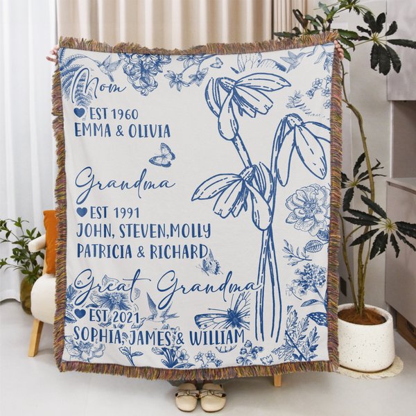Personalised Birth Flower Tassel Soft Throw Blanket with Title Name and Date Home Decor Birthday Gift for Mom Grandma Family