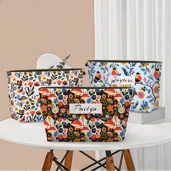 Personalized Colorful Folk Art Flower Makeup Bag with Name Travel Essential Birthday Anniversary Gift for Woman Friend