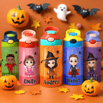 Gepersonaliseerde Cartoon Karakter Heks Vampier Pompoen Naam 12 oz Kid geïsoleerde waterfles met handvat en siliconen rietje Halloween Gift voor kinderen