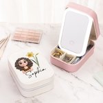 Personalized 3D Cartoon Character Birth Flower PU Leather Jewellery Box with Name and LED Makeup Mirror Travel Essential Birthday Gift for Women