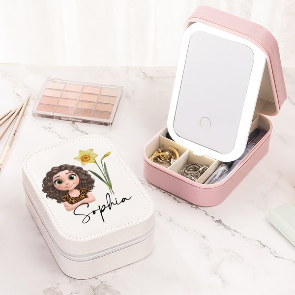 Personalized 3D Cartoon Character Birth Flower PU Leather Jewellery Box with Name and LED Makeup Mirror Travel Essential Birthday Gift for Women