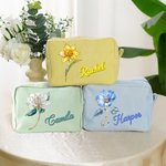 Personalised Retro Oil Painting Gemstone Birth Flower Large Capacity Stripes Makeup Bag with Name Travel Essentials Bridesmaid Birthday Gift for Women
