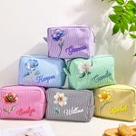 Personalised Retro Oil Painting Gemstone Birth Flower Large Capacity Stripes Makeup Bag with Name Travel Essentials Bridesmaid Birthday Gift for Women