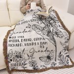 Personalised Birth Flower Tassel Soft Throw Blanket with Title Name and Date Home Decor Birthday Gift for Mom Grandma Family