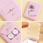 Personalized Retro Birth Flower Portable Double-Sided Makeup Mirror with LED Light and Name Anniversary Birthday Gift for Women Girls