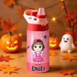 Gepersonaliseerde Cartoon Karakter Heks Vampier Pompoen Naam 12 oz Kid geïsoleerde waterfles met handvat en siliconen rietje Halloween Gift voor kinderen