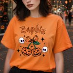 Personalized Cherry Bow Pumpkin Soft T-shirt Sweatshirt with Name Daily Wear Spooky Season Halloween Gift for Family Friend