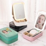 Personalized 3D Cartoon Character Birth Flower PU Leather Jewellery Box with Name and LED Makeup Mirror Travel Essential Birthday Gift for Women