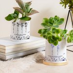 Personalized Toile De Jouy Design Birth Flower Ceramic Plant Pot with Name and Bamboo Base Thanksgiving Day Birthday Gift for Women
