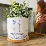 Personalized Toile De Jouy Design Birth Flower Ceramic Plant Pot with Name and Bamboo Base Thanksgiving Day Birthday Gift for Women