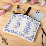 Personalised Toile De Jouy Birth Flower Bible Chapter Name Makeup Bag with Wrist Strap Baptism Birthday Christmas Gift for Women Christians