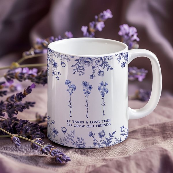 Personalized Toile De Jouy Design Birth Flower Friendship 11 oz Ceramic Mug with Name and Text Thanksgiving Day Birthday Gift for Women