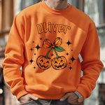 Personalized Cherry Bow Pumpkin Soft T-shirt Sweatshirt with Name Daily Wear Spooky Season Halloween Gift for Family Friend