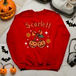 Personalized Cherry Bow Pumpkin Soft T-shirt Sweatshirt with Name Daily Wear Spooky Season Halloween Gift for Family Friend
