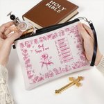 Personalised Toile De Jouy Birth Flower Bible Chapter Name Makeup Bag with Wrist Strap Baptism Birthday Christmas Gift for Women Christians