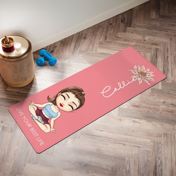 Personalized Cartoon Yoga Character Super Absorbent Yoga Mat with Name and Text Sports Accessories Birthday Gift for Women Yoga Lovers