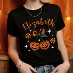 Personalized Cherry Bow Pumpkin Soft T-shirt Sweatshirt with Name Daily Wear Spooky Season Halloween Gift for Family Friend