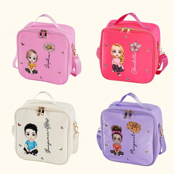 Henkilökohtainen söpö sarjakuvahahmo syntymä kukka eristetty lounas laukku nimi & kahva kannettava koulu matkailu piknik lahja lapsille perheelle