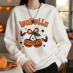 Personalized Cherry Bow Pumpkin Soft T-shirt Sweatshirt with Name Daily Wear Spooky Season Halloween Gift for Family Friend