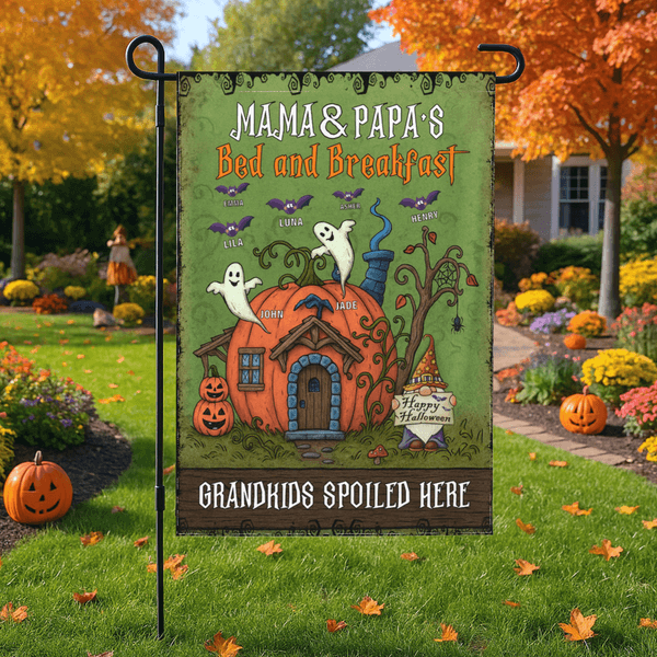 Bandiera da giardino personalizzata Halloween Ghost Pumpkin con 1-10 nomi e titoli Regalo di Halloween per la festa di famiglia dei bambini