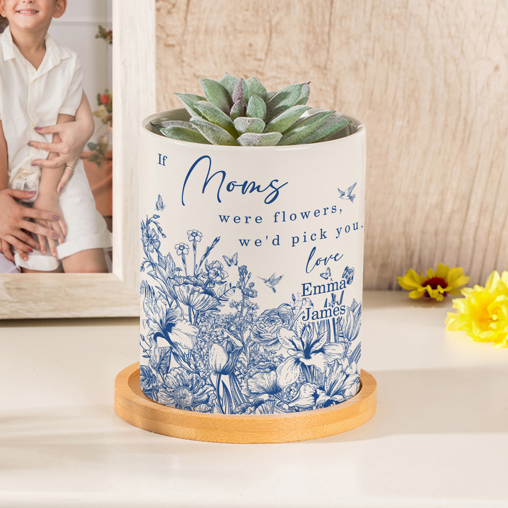 Pot de fleurs en céramique rétro personnalisé avec base en bambou et titre du nom Cadeau d'anniversaire de la fête des mères pour maman grand-mère