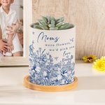Personalised Retro Floral Ceramic Plant Pot with Bamboo Base and Name Title Mother's Day Birthday Gift for Mom Grandma