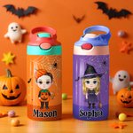 Gepersonaliseerde Cartoon Karakter Heks Vampier Pompoen Naam 12 oz Kid geïsoleerde waterfles met handvat en siliconen rietje Halloween Gift voor kinderen