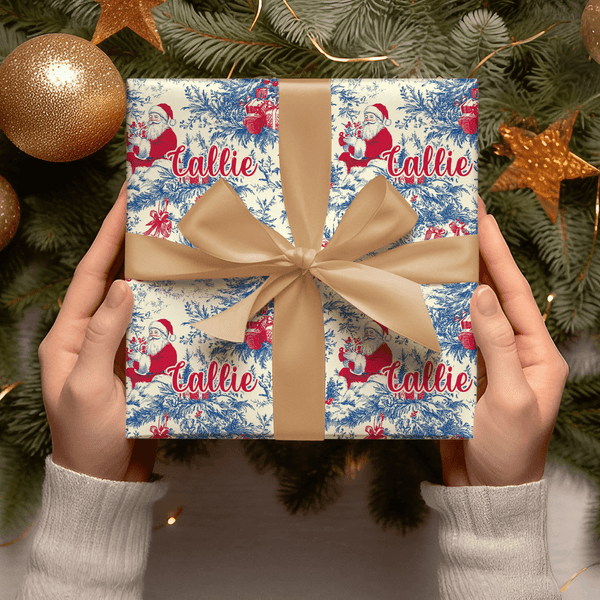 Personalised Toile De Jouy Santa Claus Wrapping Paper with Name Christmas Gift for Family Friends