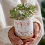 Personalized Toile De Jouy Design Birth Flower Ceramic Plant Pot with Name and Bamboo Base Thanksgiving Day Birthday Gift for Women