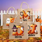 Personalized Cartoon Character Pumpkin Ghost Jute Tote Bag with Initial and Name Trick or Treat Halloween Party Gift for Boys Girls