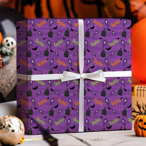 Personalized Halloween Theme Wrapping Paper with Name Birthday Halloween DIY Craft Packaging Gift Decor for Family Friends