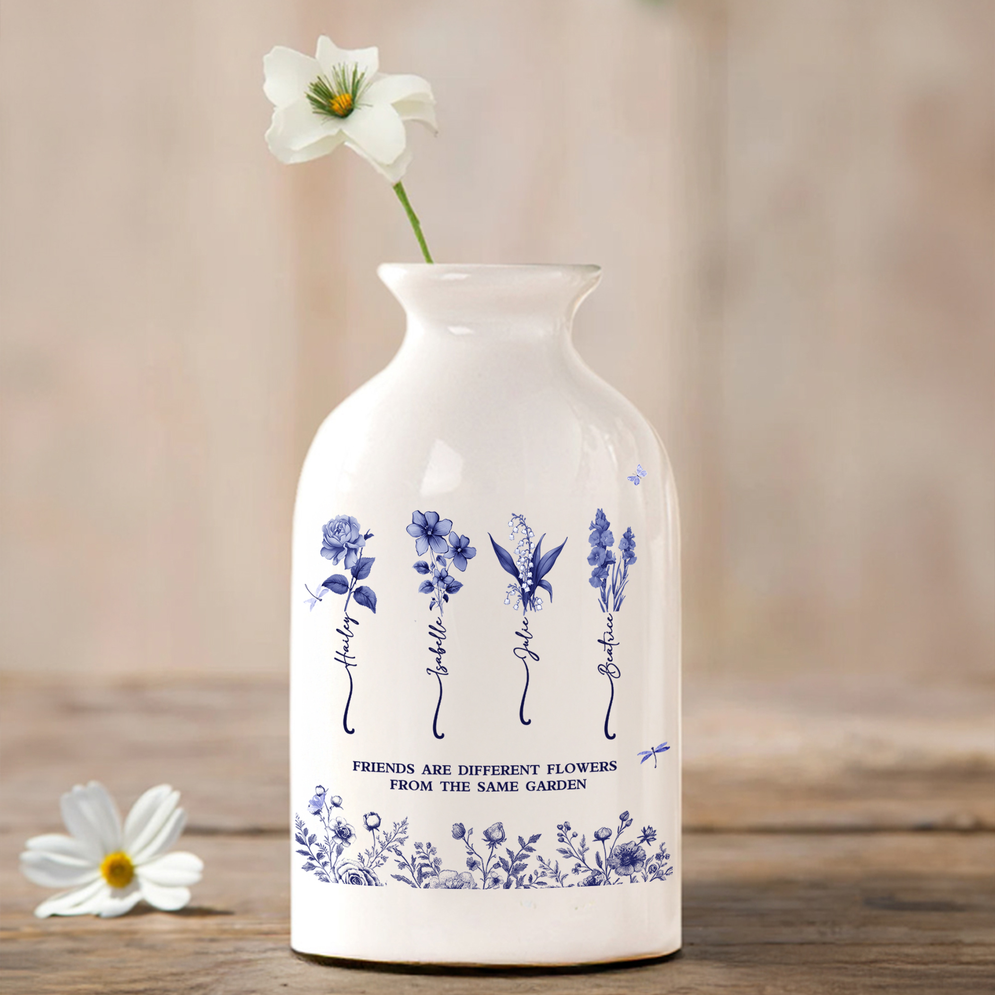 Toile de Jouy personnalisée Vase à fleurs en céramique avec 1-9 noms Décoration d'intérieur Cadeau d'anniversaire pour Besties Friends