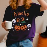 Personalized Cherry Bow Pumpkin Soft T-shirt Sweatshirt with Name Daily Wear Spooky Season Halloween Gift for Family Friend