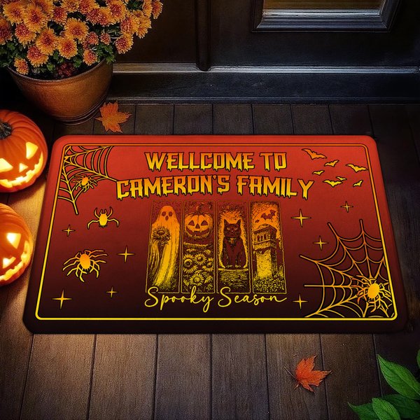 Personalized Welcome to Someone's Family Ghost Black Cat Pumpkin Doormat with Name Home Decoration Halloween Gift for Family Friends