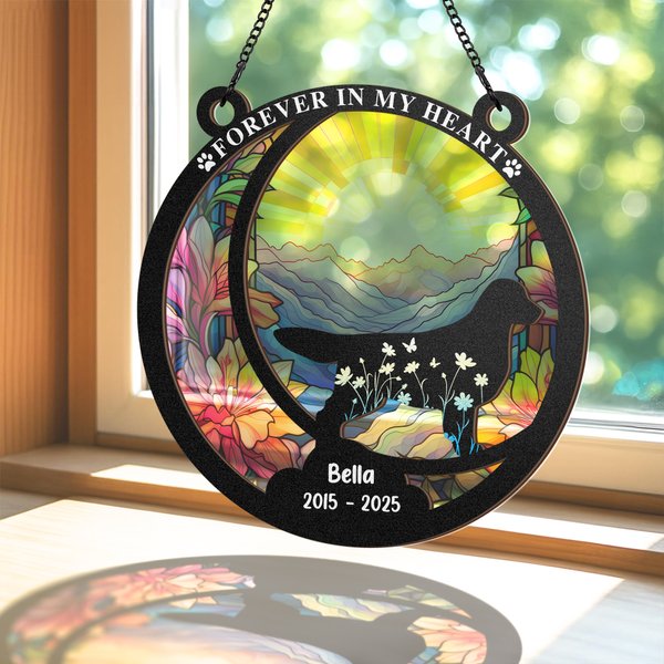 Personalised Paw Print Pet Silhouette Stained Glass Window Suncatcher with Title Name and Date Birthday Memorial Gift for Cat Dog Lovers