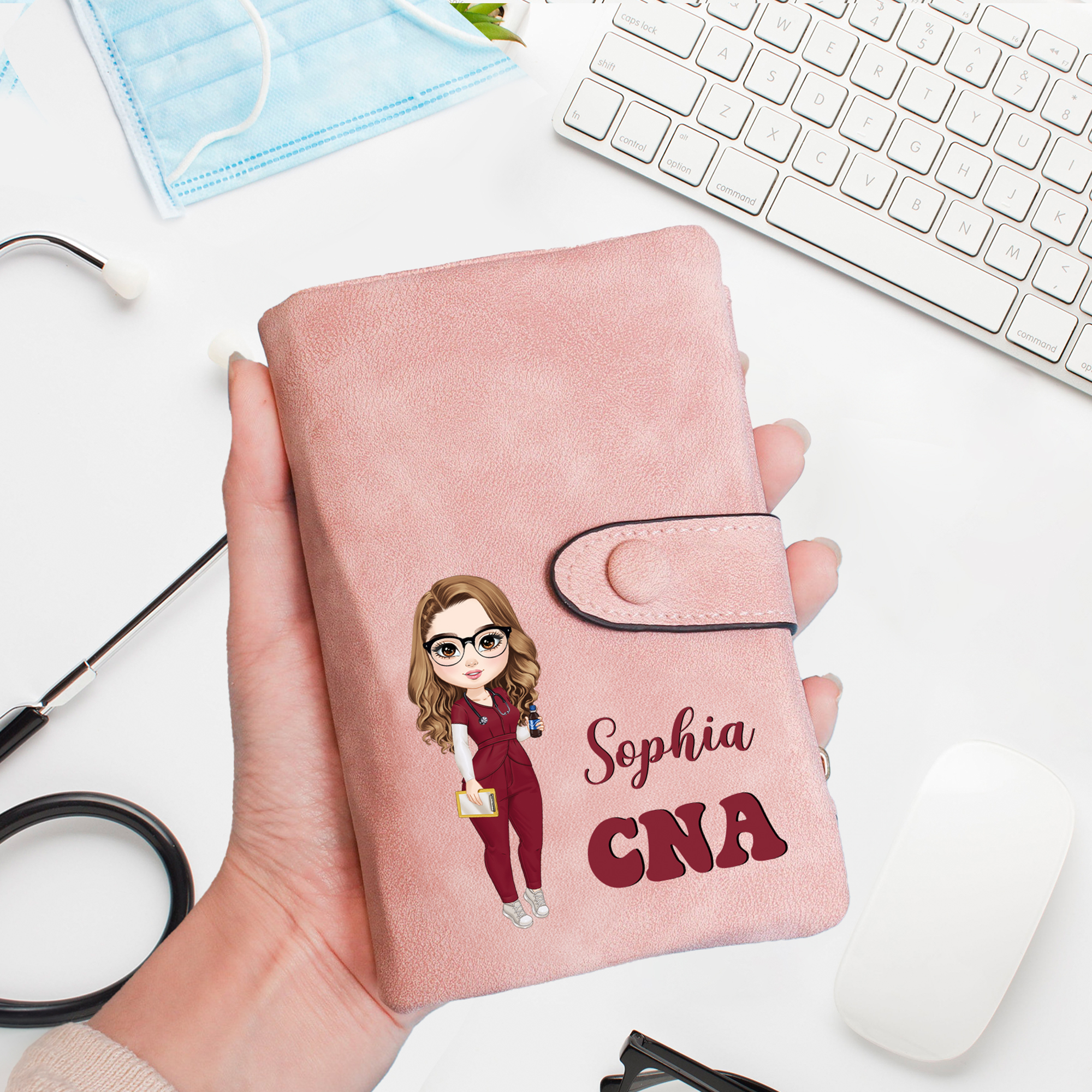 Portefeuille personnalisé en cuir PU avec nom et profession Cadeau d'appréciation pour infirmière, médecin, étudiant en médecine