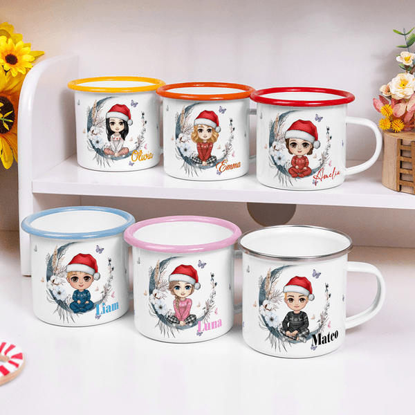 Gepersonaliseerde Bloem Vlinder Maan Cartoon Karakter 12 oz Emaille Mok met Naam Verjaardag Kerstcadeau voor Baby's Jongens Meisjes
