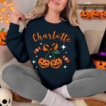 Personalized Cherry Bow Pumpkin Soft T-shirt Sweatshirt with Name Daily Wear Spooky Season Halloween Gift for Family Friend