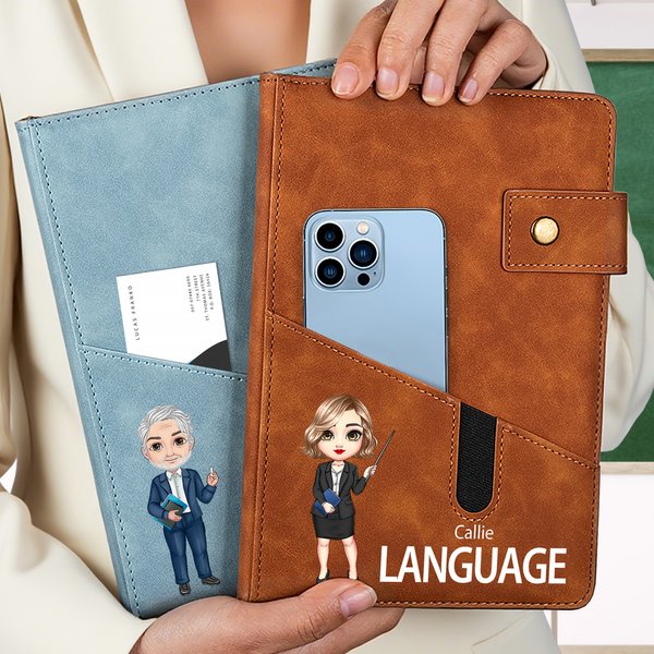 Personalisierte Cartoon Lehrer Name Thema PU Leder A5 Notebook mit Aufbewahrungstasche und linierten Seiten Lehrertag Wertschätzung Geschenk für Lehrer
