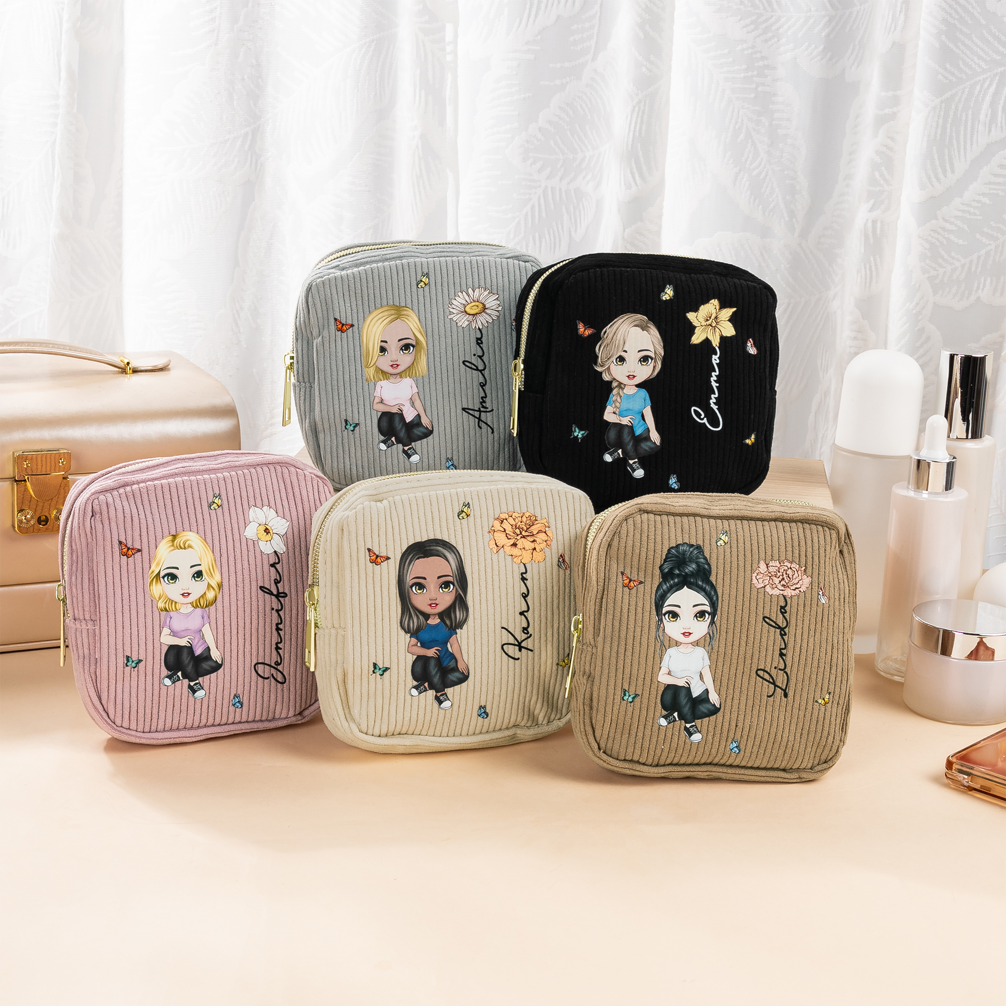 Sac de Rangement en Velours Côtelé Personnalisé avec Fleur de Naissance Personnage Dessin Animé et Nom Cadeau Anniversaire pour Femme