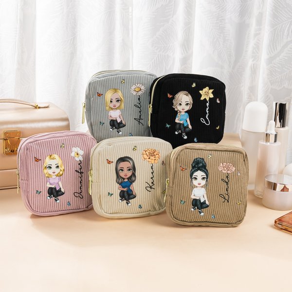 Personalizzato fiore di nascita Cartoon Character Corduroy Sanitary Napkin Storage Bag con nome Portable Travel Essentials Daily Use Gift per le donne