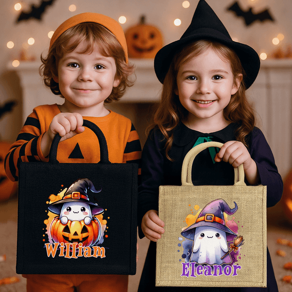 Personalised Cute Ghost and Pumpkin Large Capacity Tote Bag with Name Halloween Party Gift for Boys Girls