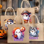Personalized Cute Ghost and Pumpkin Large Capacity Tote Bag with Name Halloween Party Gift for Boys Girls