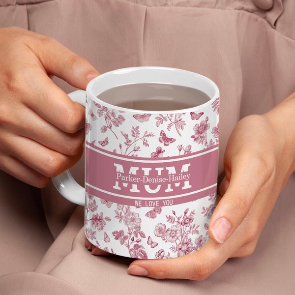 Personalized Toile De Jouy 11 oz Ceramic Coffee Mug with Kid's Name Title and Text Birthday Anniversary Gift for Mom Grandma